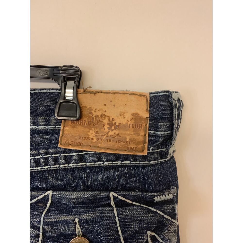 True Religion Jeans Dark Blue Wash Straight Leg Distressed Whiskering Mens SZ 42 - Picture 3 of 12